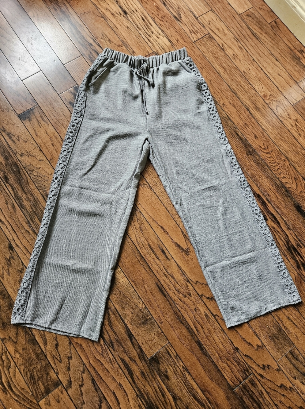 SHEIN Gray Wide Leg Pants with Lace Trim